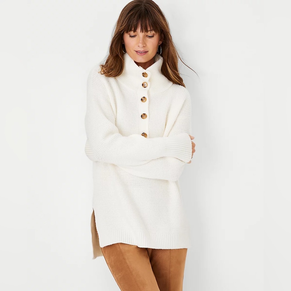 Ann Taylor Ivory Waffle Stitch Button Tunic Sweater